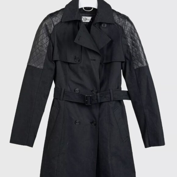 Mackage Black Cotton Quilted-Leather-Trim Belted Trench Coat - Picture 1 of 15